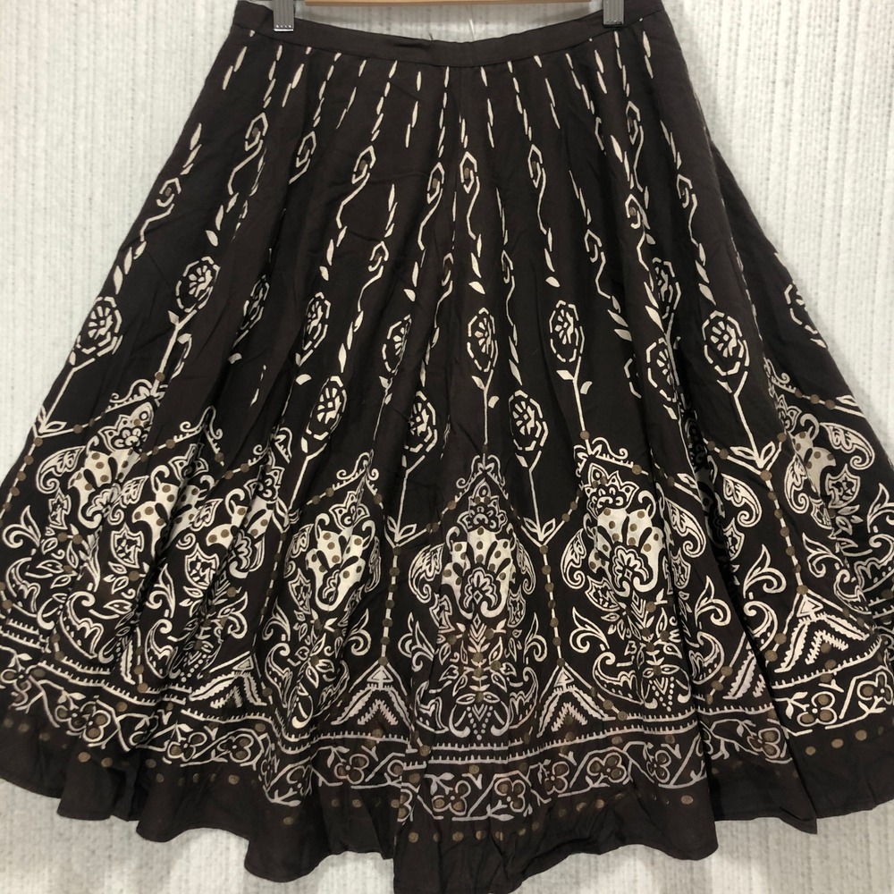Dimri Brown Cotton Block Print Midi Skirt Floral Paisley Boho Small‎
